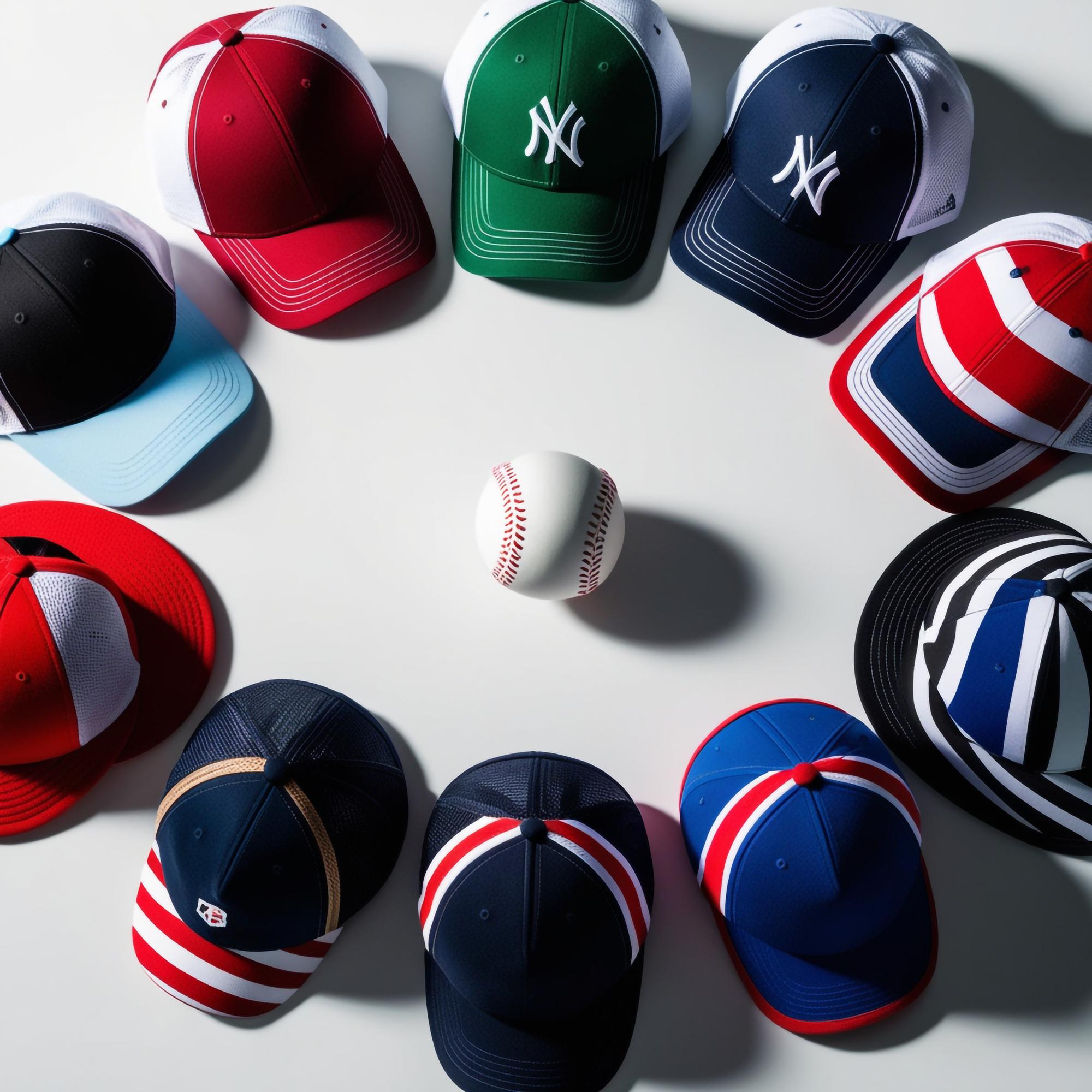 Team caps with embroidered crest in a row